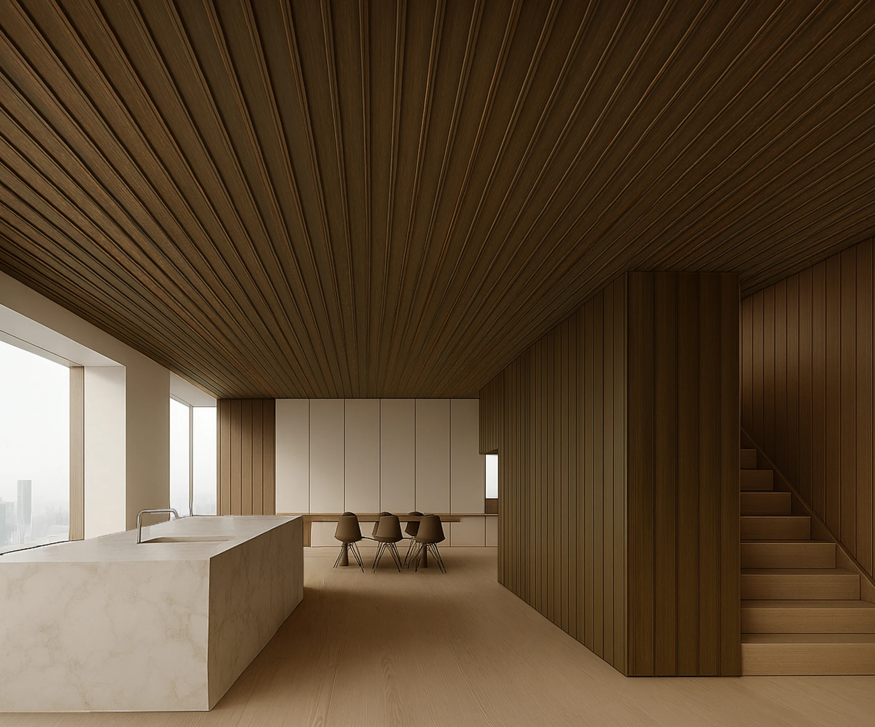 cocina abierta con paredes con revestimiento wall panel
