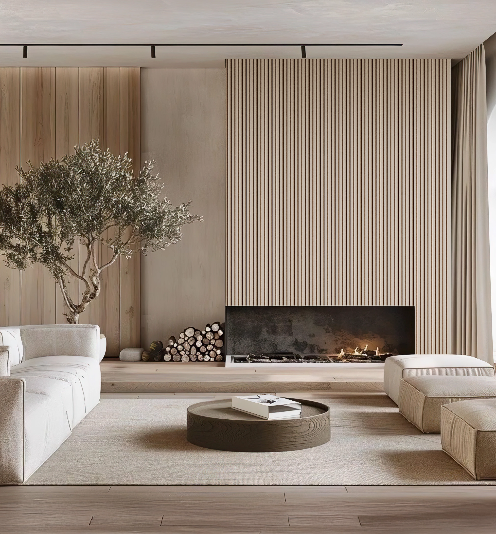 SALA CON CHIMENEA ELEGANTE CON PARED DE WALL PANEL INTERIOR