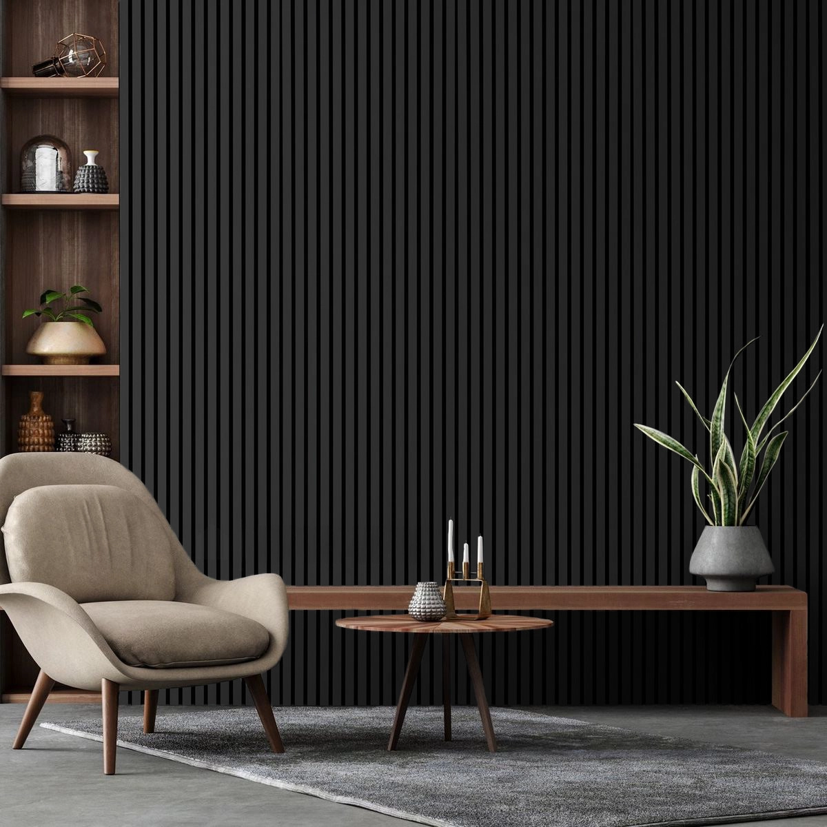 Sala con wall panel interior color negro