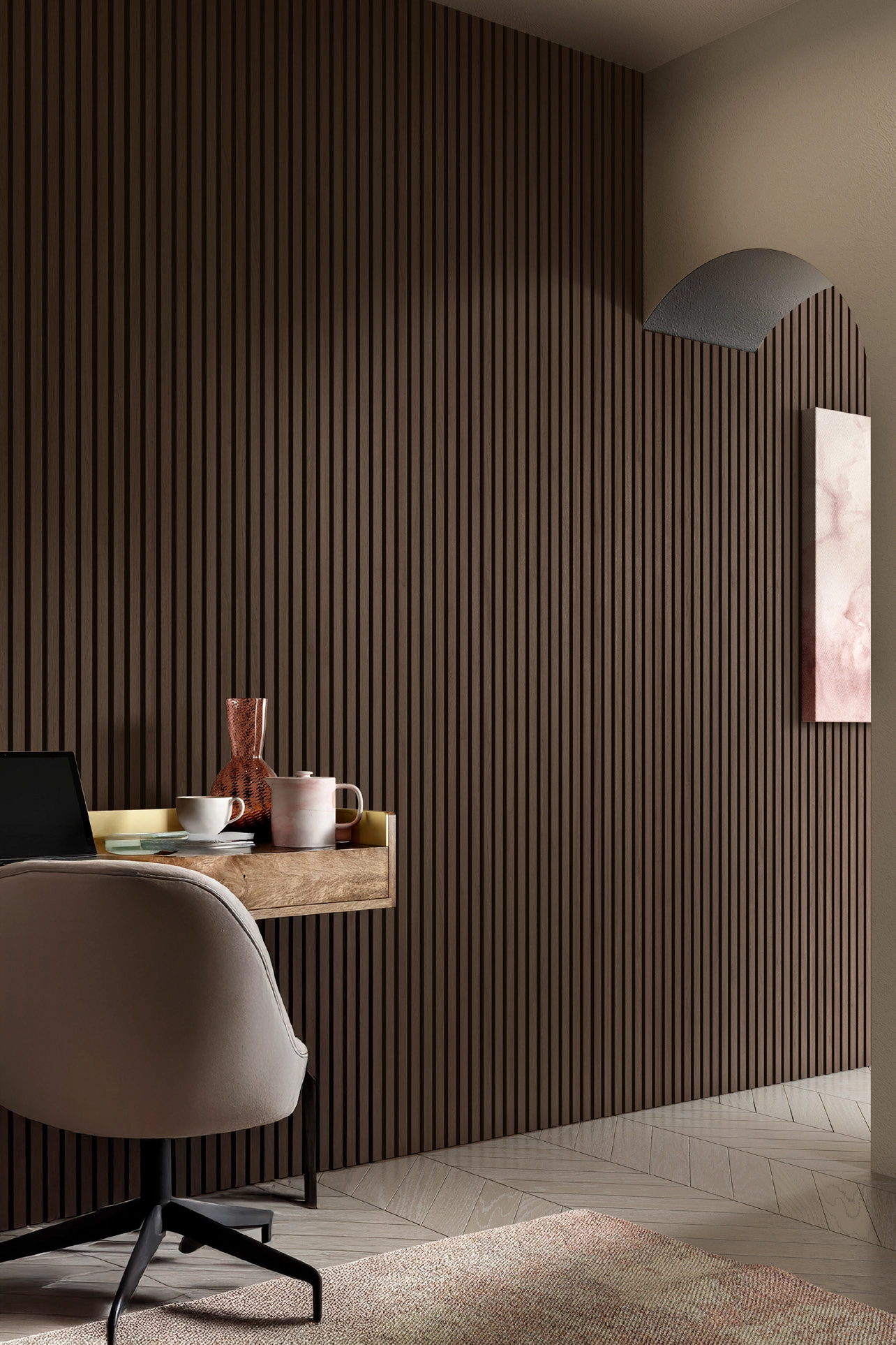 SALA DE ESTAR ELEGANTE Y MINIMALISTA CON PARED REVESTIDA CON WALL PANEL NOGAL