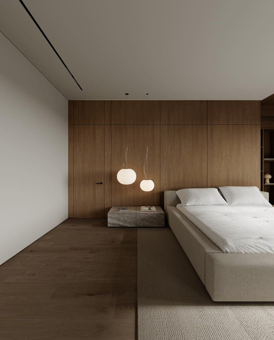 Habitación minimalista con pared revestida con flatt panel tipo madera