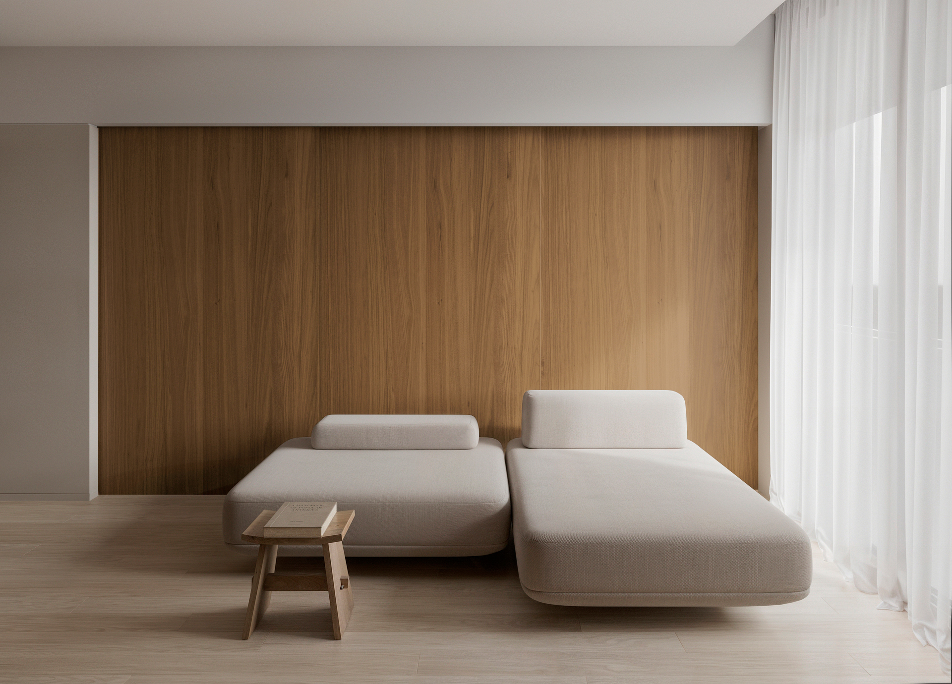 Sala minimalista con Pared revestida con flatt panel