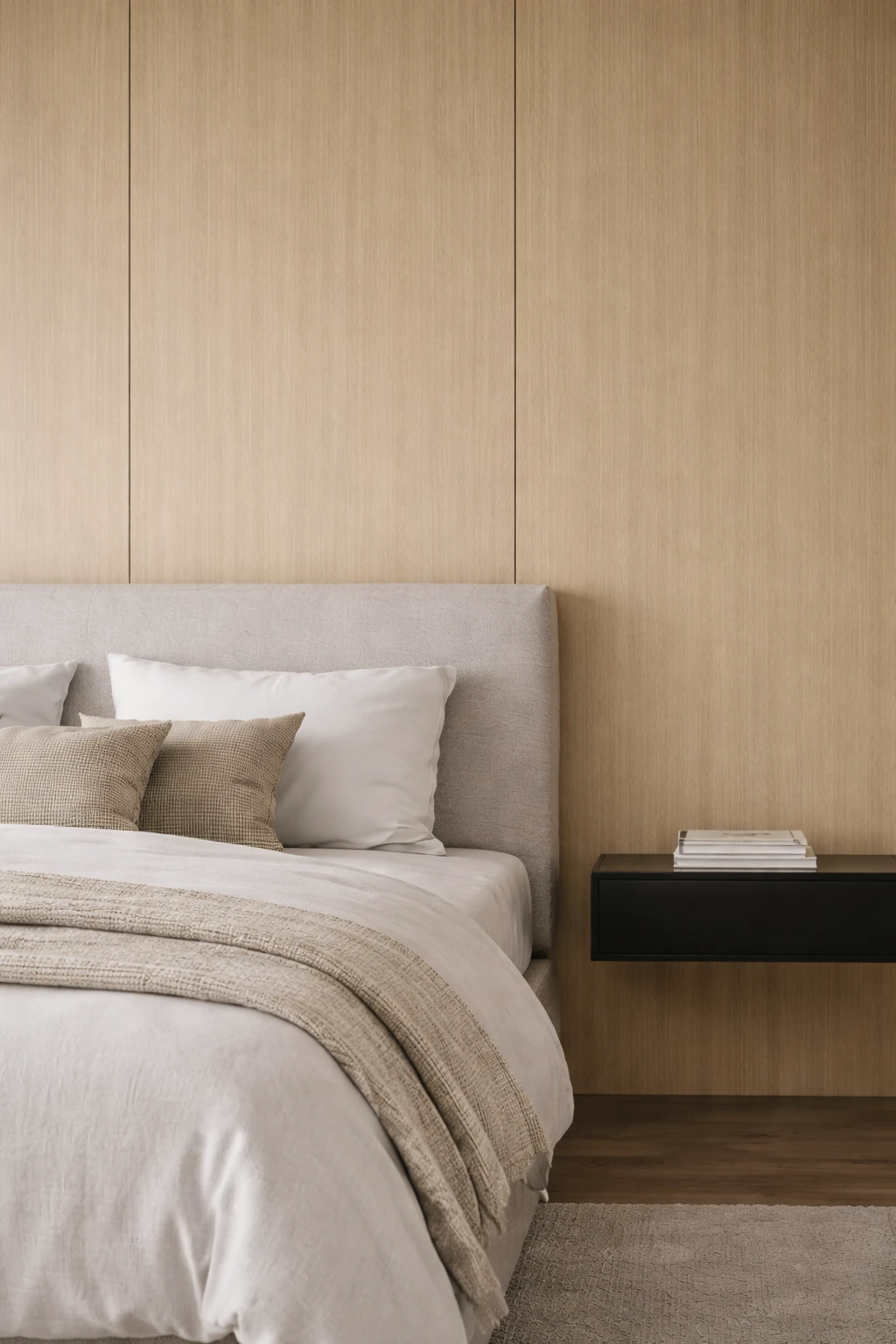 dormitorio con pared revestida con flatt panel