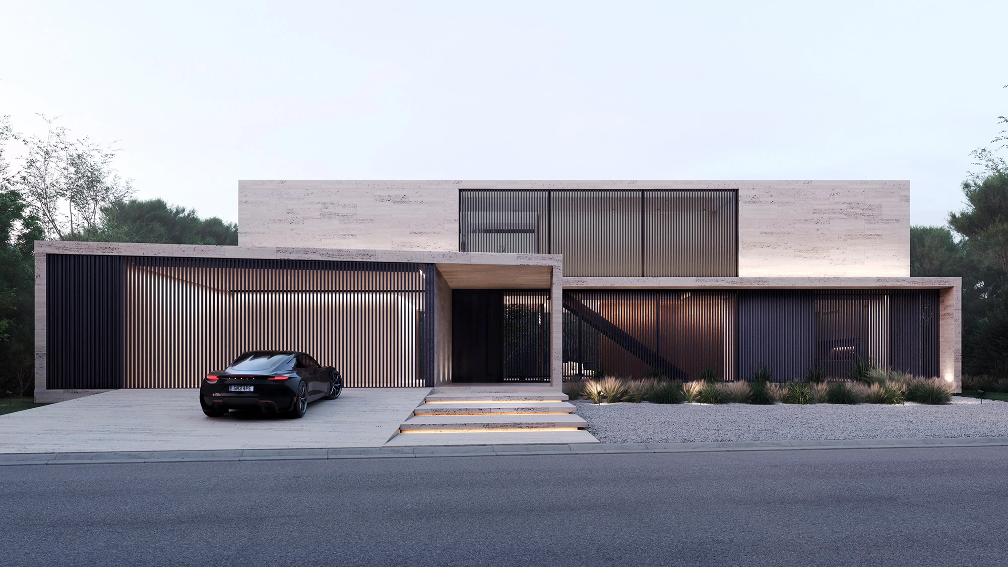 Listones arquitectónicos color ash instalados en fachada residencial