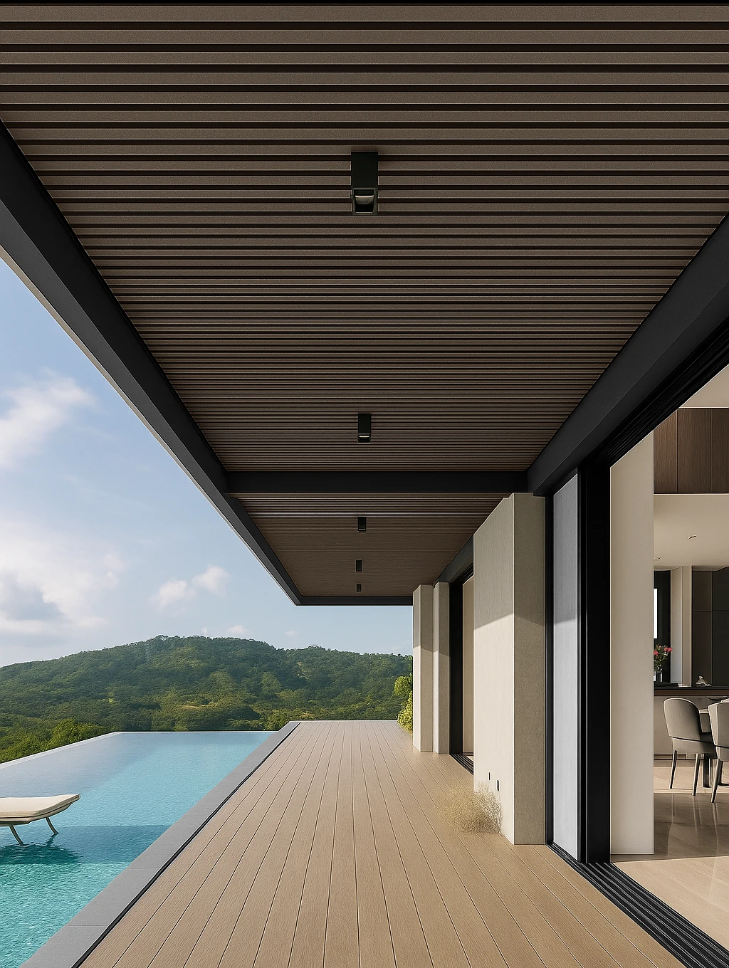 Listones arquitectónicos color ash en cielo raso exterior y terraza moderna con piscina