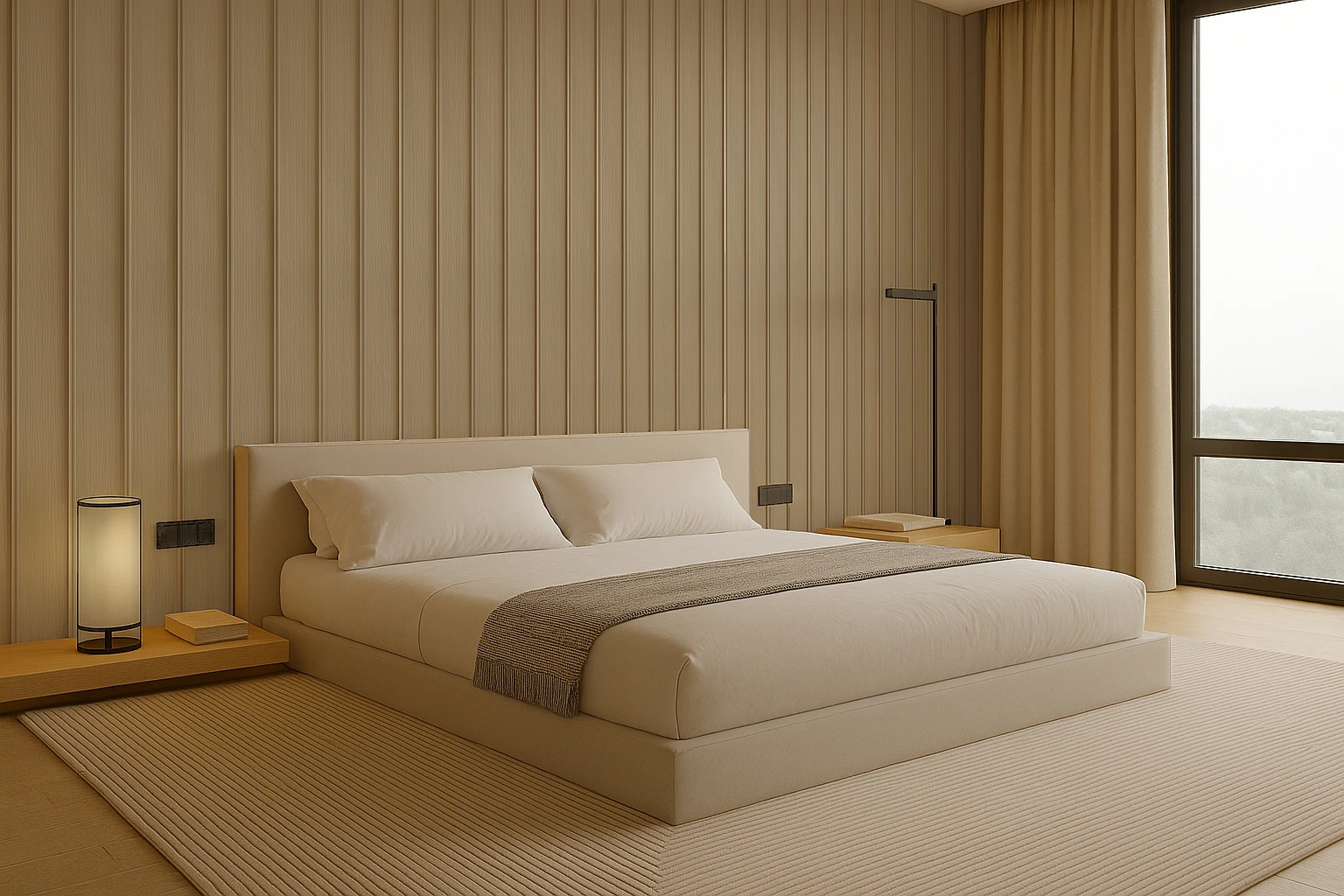 Habitación minimalista con acabados de wall panel