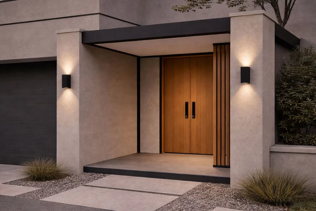 Aplique de pared exterior negro iluminando entrada moderna con diseño arquitectónico minimalista