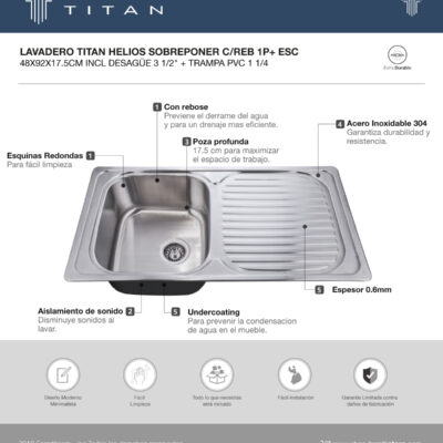 LAVADERO TITAN HELIOS SOBREPONER C/REB 1P+ ESC 48*92*17.5CM ESP 0.6MM INCL DESAGÜE 3 1/2" + CANAST OBS.TRAMPA PVC 1 1/2