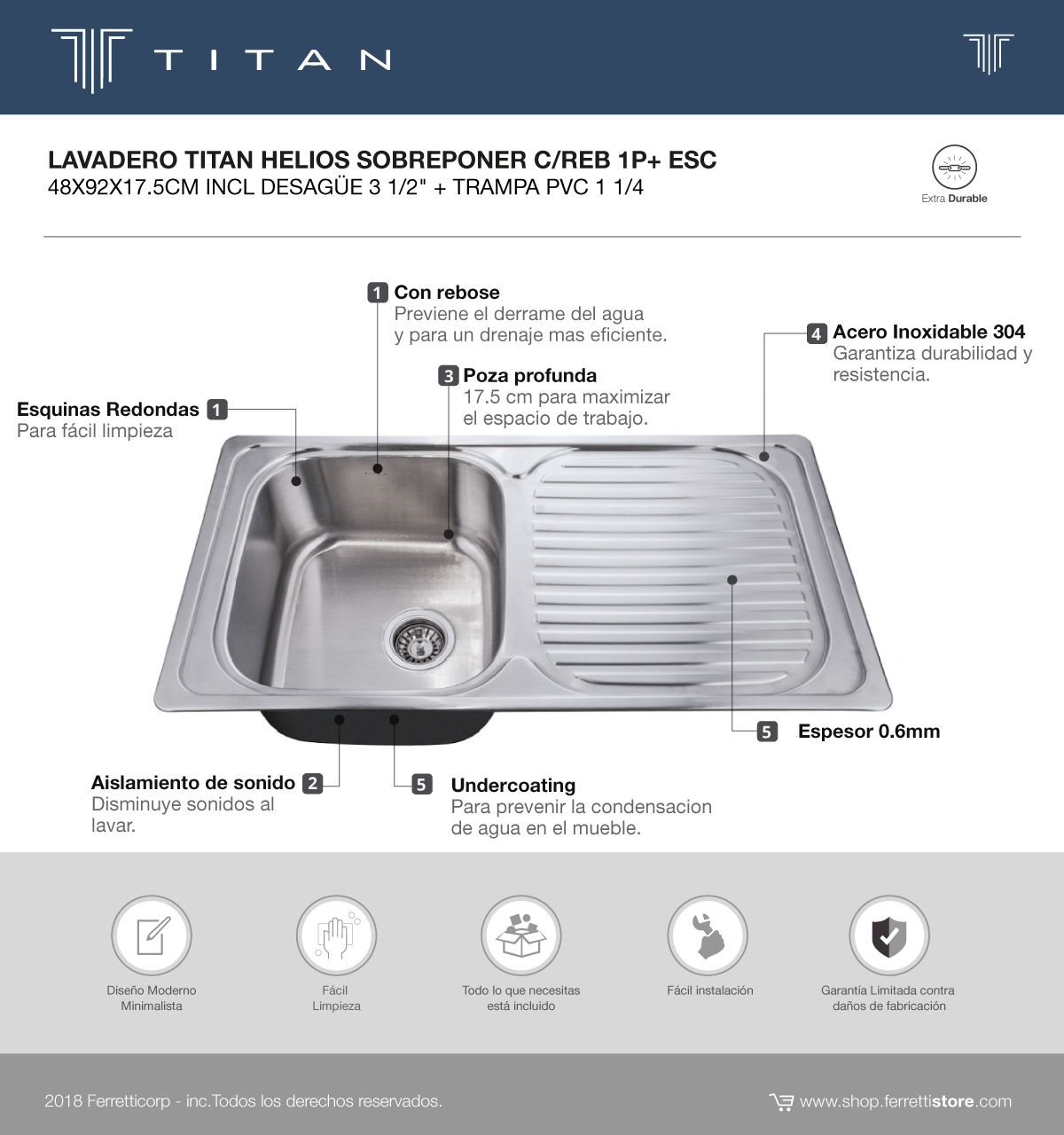 LAVADERO TITAN HELIOS SOBREPONER C/REB 1P+ ESC 48*92*17.5CM ESP 0.6MM INCL DESAGÜE 3 1/2" + CANAST OBS.TRAMPA PVC 1 1/2