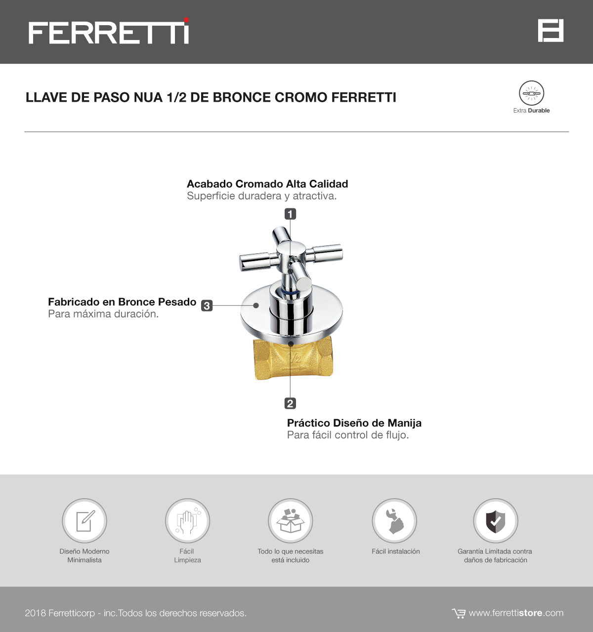LLAVE DE PASO FERRETTI NUA 1/2 DE BRONCE CROMO
