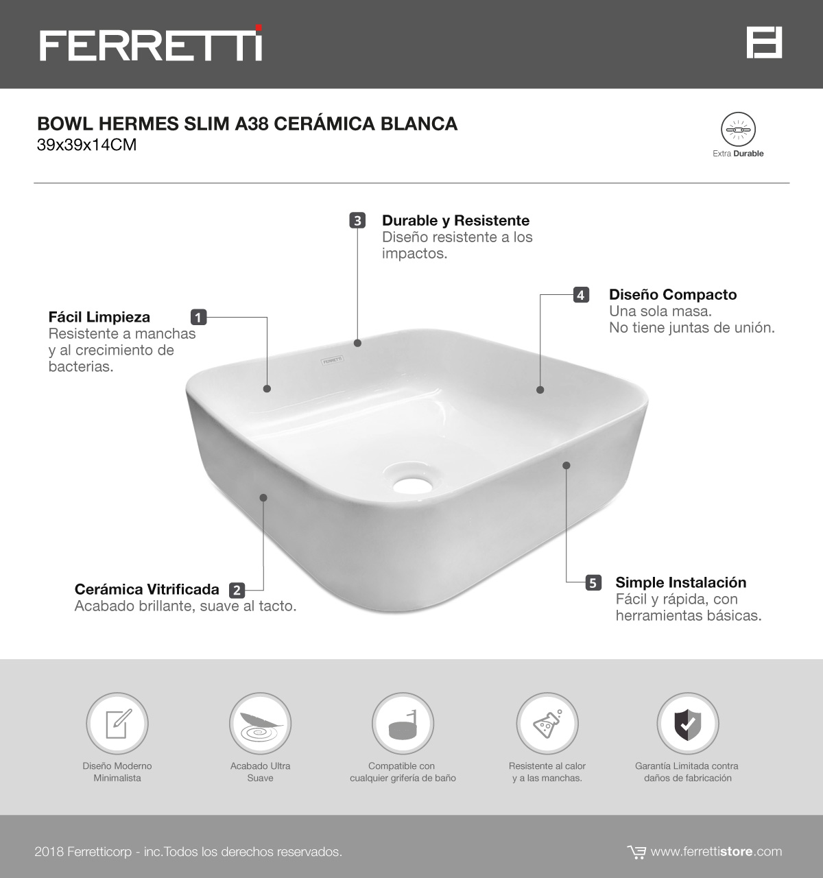Hermes A38 Bowl Slim Cerámica Blanca 39x39x14
